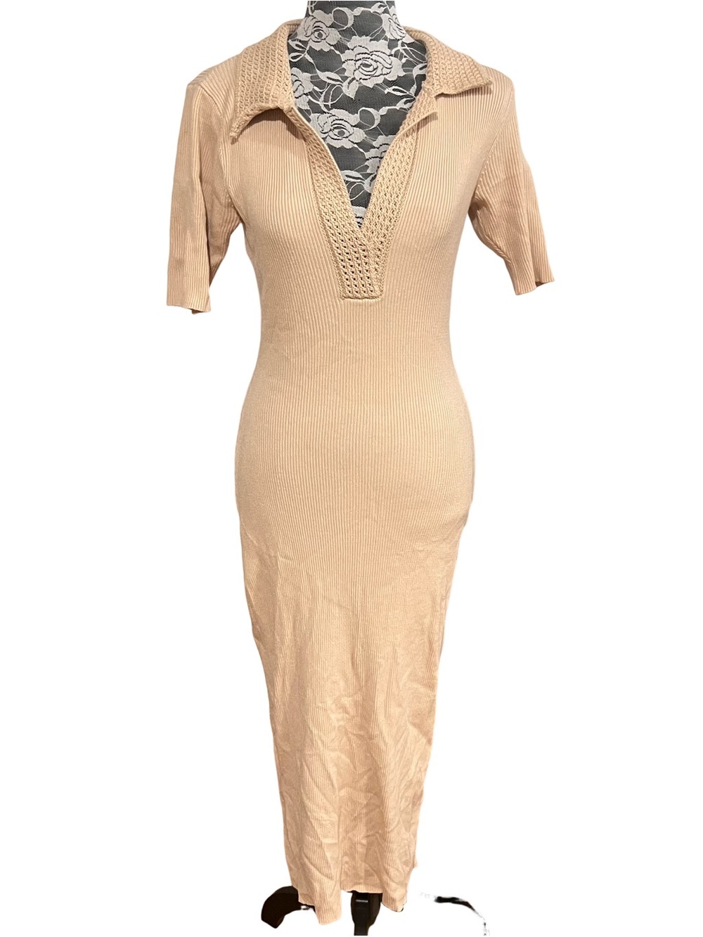 Caroline Constas Beige Ribbed Polo Maxi Dress with V-Plunge Size M